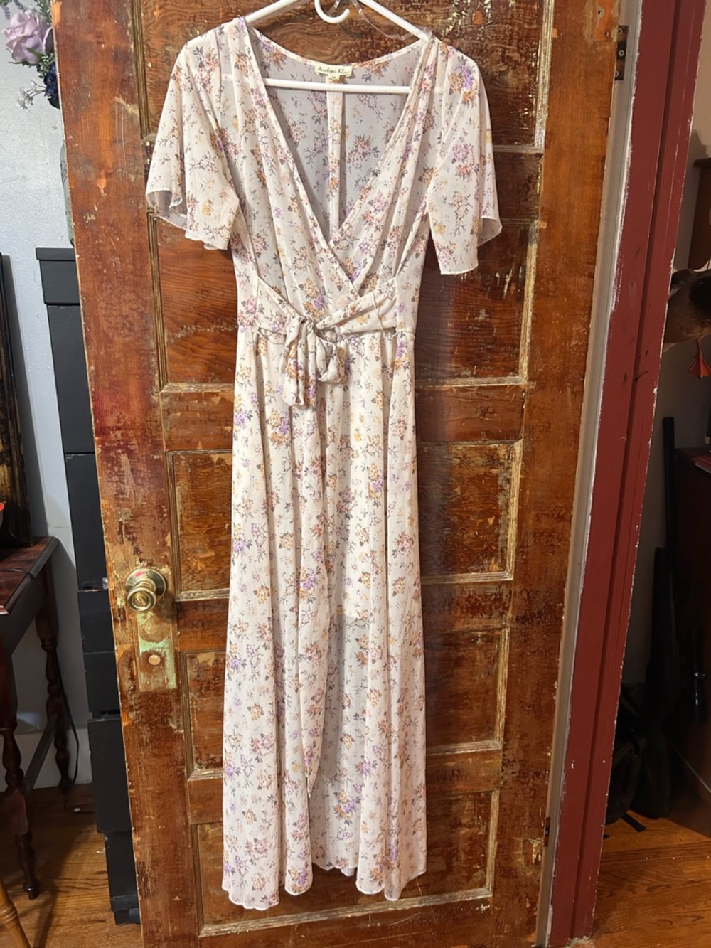 Cream Floral Wrap Maxi Dress with Lavender & Pink Blossoms
